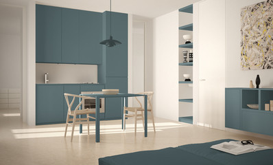 Minimalist modern bright kitchen with dining table and chairs, big windows, white and blue architecture interior design