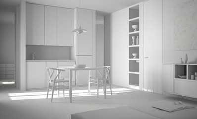 Total white project, minimalist modern bright kitchen with dining table and chairs, architecture interior design