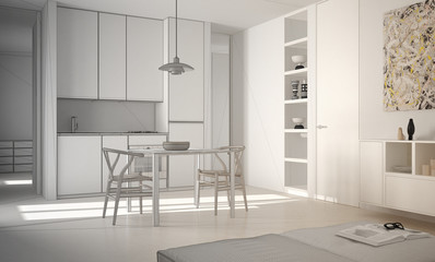 Unfinished project of minimalist modern bright kitchen with dining table and chairs, white architecture interior design