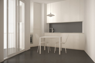 Minimalist modern kitchen with big window and dining table with chairs, white and gray architecture interior design