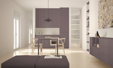 Minimalist modern bright kitchen with dining table and chairs, big windows, white and red architecture interior design