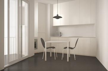 Minimalist modern kitchen with big window and dining table with chairs, white and gray architecture interior design