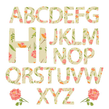 Flower alphabet with rose flowers and leaves. Hand drawn pink cute abc. Natural summer letters. illustrated design