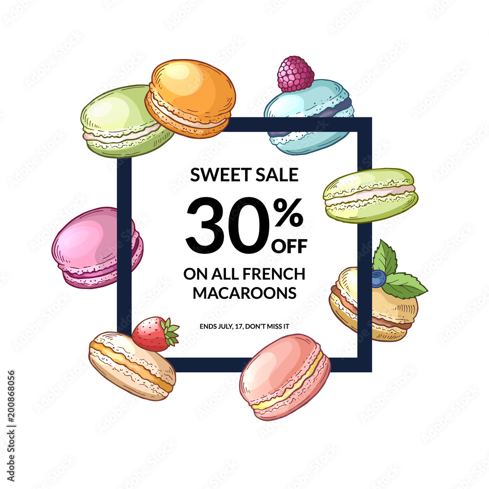 Poster vector frame with flying hand drawn macaroons around it with place for text in center illustration