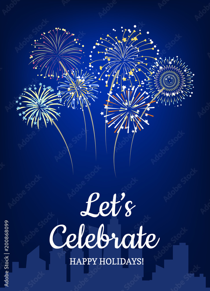 Sticker Vector fireworks above city silhouette background illustration with place for text