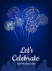 Vector fireworks above city silhouette background illustration with place for text