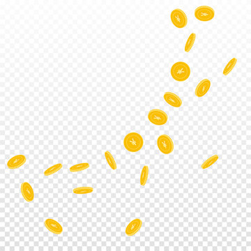 Chinese yuan coins falling. Scattered sparse CNY coins on transparent background. Dramatic big radiant left top corner vector illustration. Jackpot or success concept.