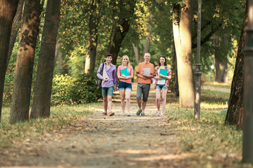 Fototapeta premium successful group of students with books in the Park on a Sun