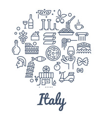 Food and culture of Italy.  Line vector icon set