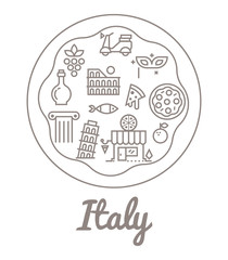 Food and culture of Italy.  Line vector icon set