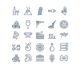 Food and culture of Italy.  Line vector icon set