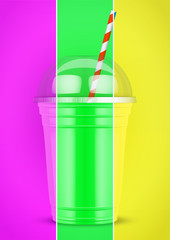 Plastic cup with drink and tube on multicolor background. Presentation Poster for milkshake and lemonade and smoothie. Vector Illustration.