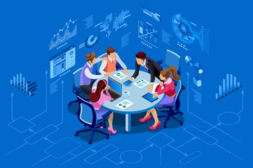 Isometric people team contemporary management concept. Can use for web banner, infographics, hero images. Flat isometric vector illustration isolated on blue background.  - 200869247