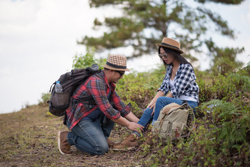 Young  woman hiking muscle pain.