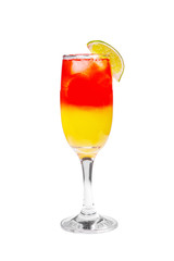A multi-colored, two-layered, red and yellow opaque cocktail, in a high glass with ice cubes with the taste of grapefruit, berries, pineapple, orange and lime slice Side view Isolated white background