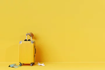 Foto op Canvas Yellow suitcase with sun glasses and hat on yellow background. 3D rendering. travel concept. minimal style © aanbetta