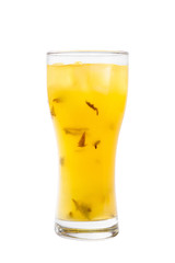 A single-colored yellow opaque cocktail, cold tea in a tall glass with ice cubes with the taste of pineapple, orange. Side view. Isolated white background. Drink for the menu restaurant, bar, cafe