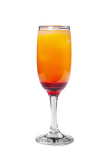 Multicolored, two-layered yellow and orange, red cocktail in a tall glass with ice cubes with orange flavor. Side view. Isolated white background. Drink for the menu restaurant, bar, cafe