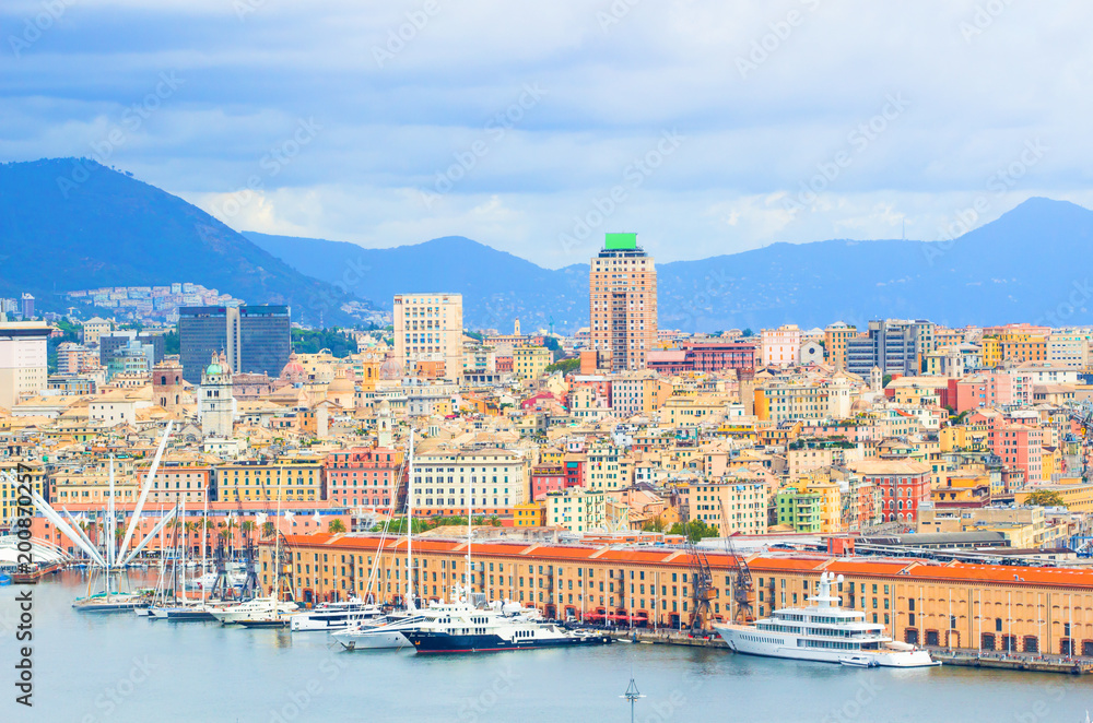 Wall mural Italy landscape, High angle view of Genoa (Genova) city with building and sea view and luxurious yachts in port or harbor in Genova.