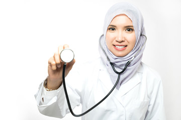 Young muslim female doctor wearing hijab.