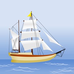 Side View Sailing Ship on Ocean Vector Illustration for Nature or Transportation Vehicle and Historical Education Related Design