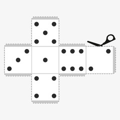 Paper Dice Template, model of a white cube to make a three-dimensional handicraft work out of it. Isolated vector illustration on white background.