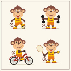 Set of funny monkey is engaged in sports. Collection of cartoon monkey of the sportsman: football player, with dumbbells, bicyclist, tennis player.