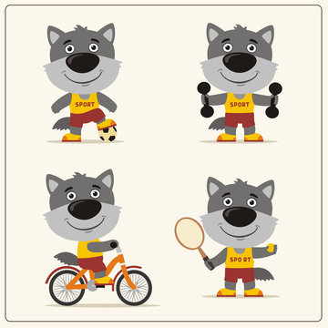 Set of funny wolf is engaged in sports. Collection of cartoon wolf of the sportsman: football player, with dumbbells, bicyclist, tennis player.