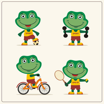 Set of funny frog is engaged in sports. Collection of cartoon frog of the sportsman: football player, with dumbbells, bicyclist, tennis player.