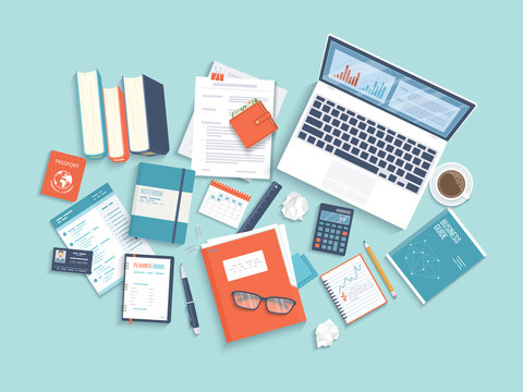 Workplace Desktop background. Top view of laptop, books, folder with documents, notepad, business card, purse, calendar, headphones, glasses, books, pencil, coffee, croissants, crumpled paper Vector