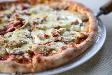 Pizza ham bacon with cheese and tomato sauce