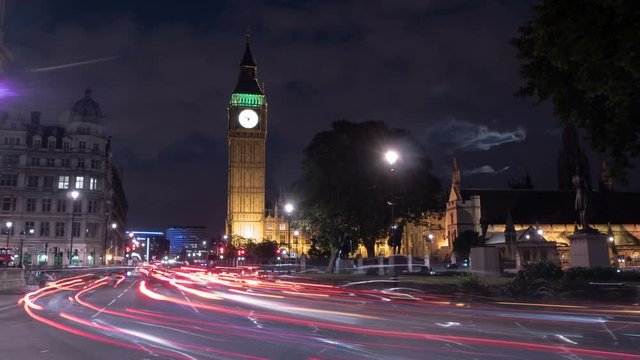 Night traffic timelapse near Big Ben Tower 