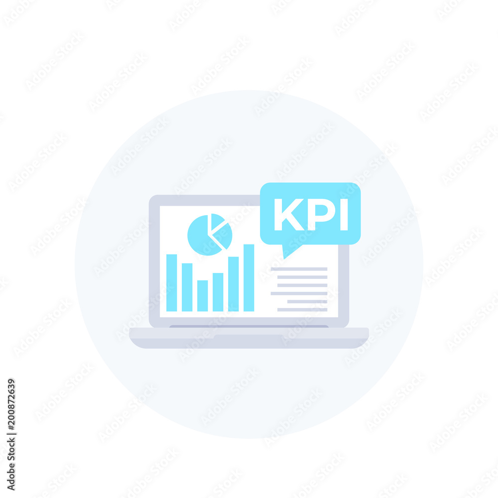 Poster kpi vector icon with laptop and business analytics, key performance indicator
