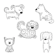 Sierkussen Hand drawn vector illustration with different cute funny cartoon dogs. Isolated black and white objects. Outline drawing. Design concept for children, pets, domestic animals. © Maria Skrigan
