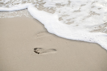 Footprints walking on the beach by the morning   