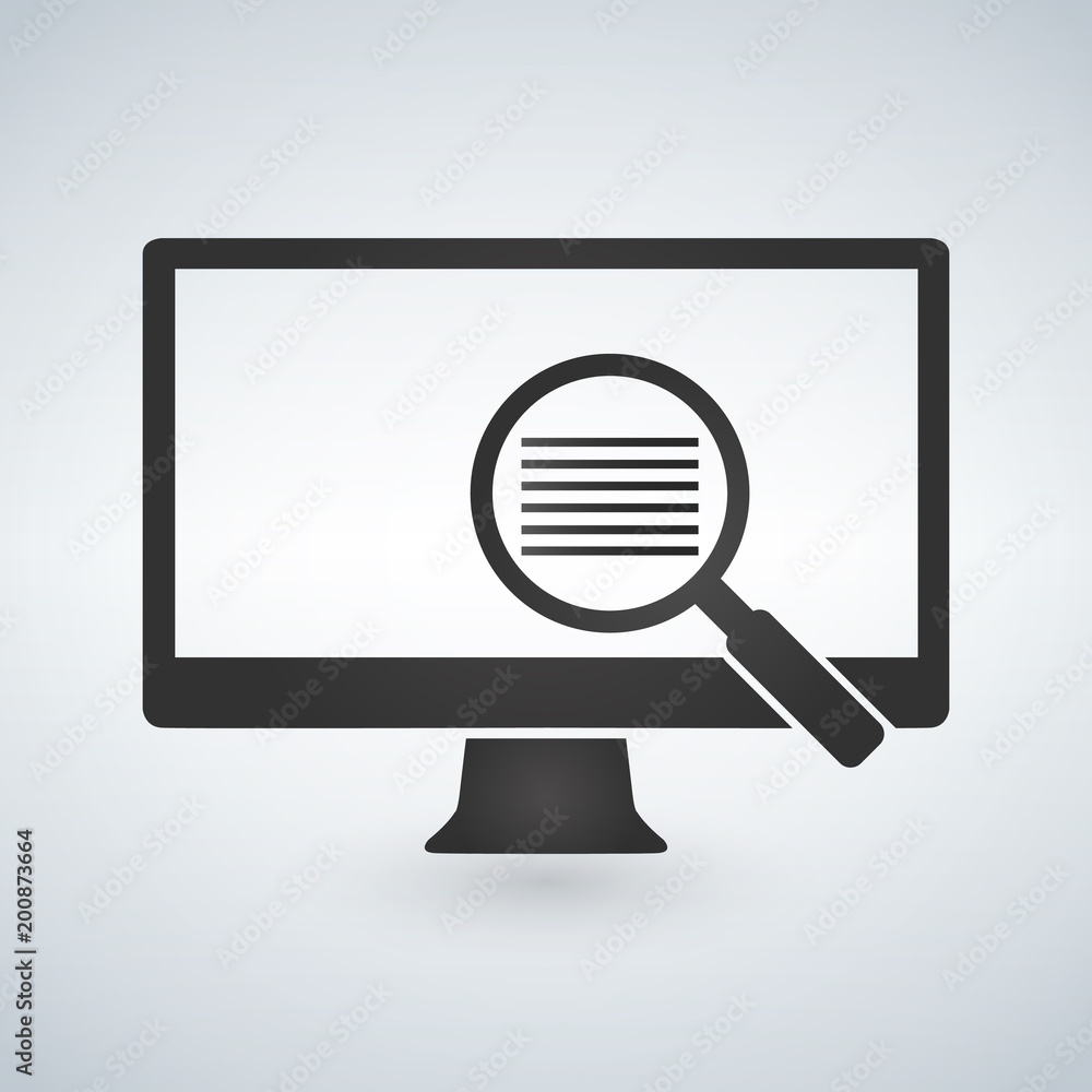 Poster computer monitor and magnifying glass searching for text or document icon. vector illustration isola