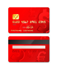 Red realistic credit card from both sides isolated