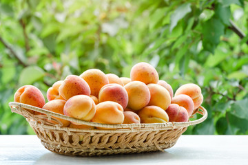 Wicker basket apricot on a green background. Daylight