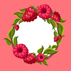 White round background with raspberries on pink.