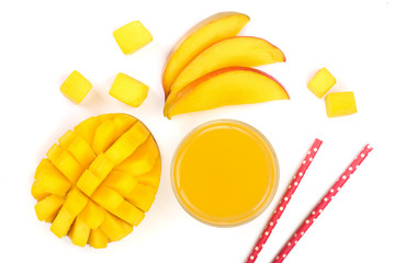Mango juice and fruit isolated on white background close-up. Top view. Flat lay