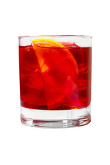 One-color, transparent red cocktail in a low glass with ice cubes and orange slice, lemon flavored with berries, cherries, grapefruit. Side view. Isolated white background. Drink for the menu