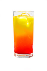 A multicolored, two-layered opaque cocktail in a tall glass with ice cubes, the taste of tomato, pineapple, and orange. Side view. Isolated white background. Drink for the menu restaurant, bar, cafe