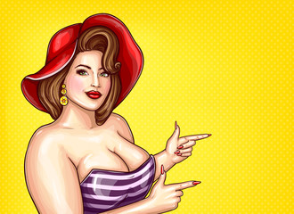 Vector brunette overweight woman in striped blouse, red hat on yellow dotted background, pop art plus size model with big breast pointing a finger at discounts, sale. Fashion illustration