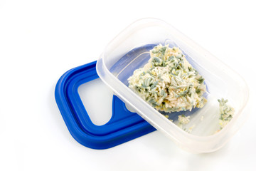 Mould on rice, moldy on food in a box food isolated on white background.