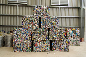 Cubes of bailed aluminum ready to be sent for recycling