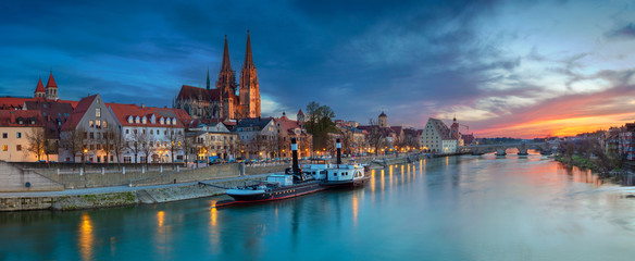 Regensburg. Panoramic cityscape image of Regensburg, Germany during spring sunset. - obrazy, fototapety, plakaty