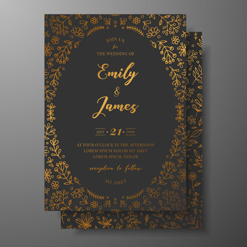 Golden vector wedding invitation with hand drawn twigs, flowers and brahches. Dark elegant botanical template for wedding invite, save the date card, greeting card, place for your text, printable