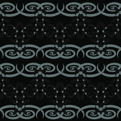 Seamless pattern with geometric and floral ornaments in black and white colors. Vector illustration could be used for background, dishes, textile, house interior or wallpaper.