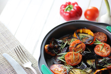 Vegetables grilled pan fried eggplant and tomatoes