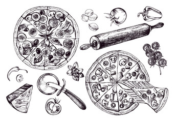 Pizza with pepperoni, olives and champignons, round knife, rolling pin, parmesan, vegetables. Set of Italian cuisine. Ink hand drawn Vector illustration. Food elements for menu design. - 200879427